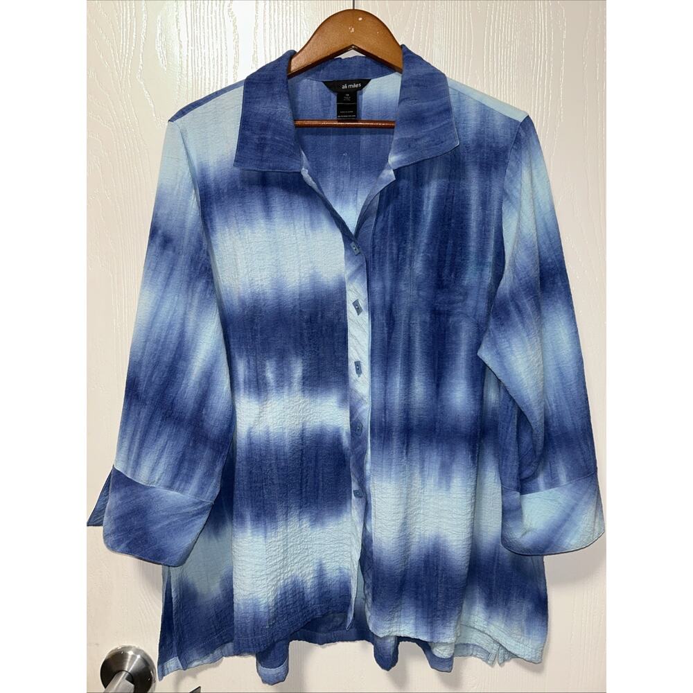 Ali Miles 1x Ombré Blue Stripe 3/4 Sleeve Button Front Tunic Top Art To Wear